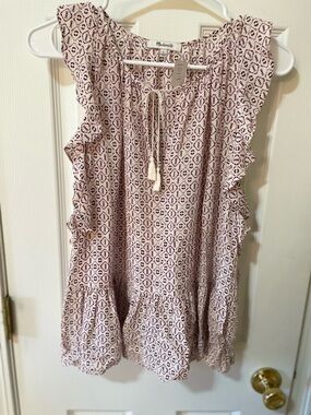Madewell Size L Boho Ruffle Sleeve Tassel Tie Blouse Pink Print